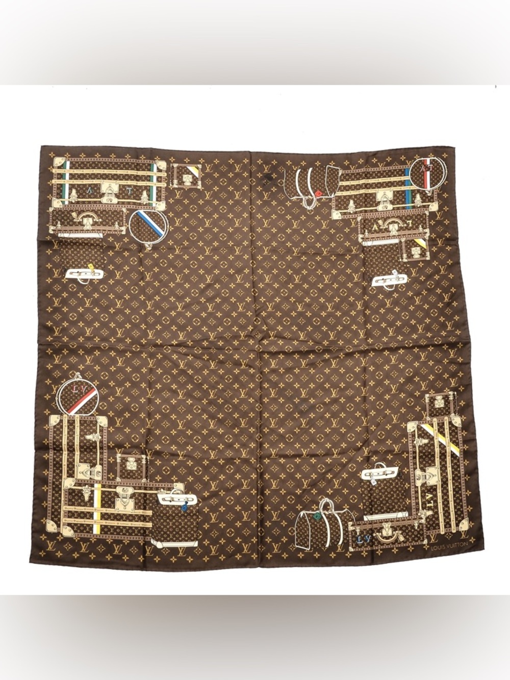 Authentic 100% Silk LOUIS VUITTON Brown Monogram Trunk Design Square Scarf